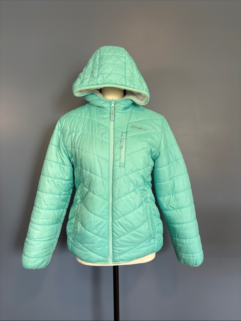 Eddie Bauer Reversible Quilted Hooded Puffer Jacket in Teal/Tie dye